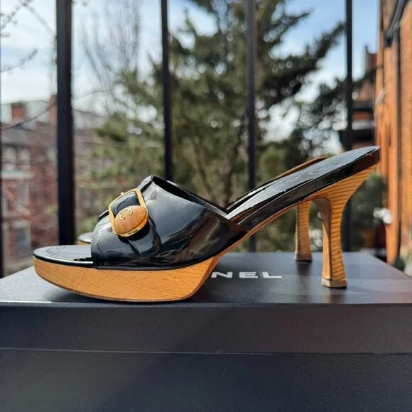 CHANEL Sandals Mules Heeled Shoes Platform Black Buckle CC Logo